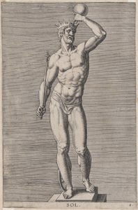 Plate 4: Apollo, statue av den nakne guden som står på en sokkel, bærer en krone og holder en..., 1586.
