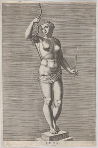 Plate 7: Diana, statue av den nakne gudinnen som står på en sokkel, iført en halvmåne i..., 1586.