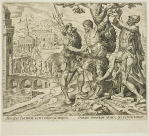Israelittene finner Achior bundet til et tre, plate to fra historien om Judith og Holofernes
