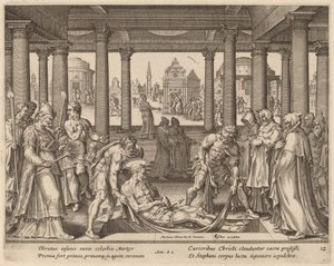 fromme menn som bærer den hellige Stefan til begravelsen hans av Philip Galle after Maerten van Heemskerck