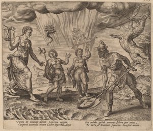Herren gir den flittige arbeideren mat og klær av Philip Galle after Maerten van Heemskerck