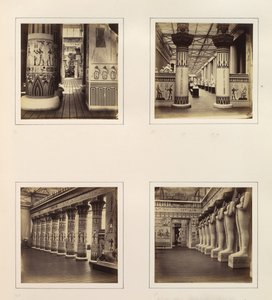 [Utsikt over den egyptiske domstolen, Utsikt gjennom egyptiske søyler inn i klassisk skulptur..., ca. 1859. av Philip Henry Delamotte.