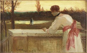 Jente på en balkong ser på et par ved en innsjø (olje om bord) av Philip Richard Morris
