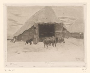 Shepherd fører en flokk sauer inn i en låve Grange dans la neige (original tittel)