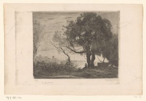 Landskap med en fløytespiller under et tre og en silhuett av en by Soir (original tittel) av Philip Zilcken (signed by artist)