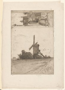 Vindmølle i et englandskap og utsikt i Ravensteinstraat i Brussel Vieux moulin a Laeken / Rue Ravenstein (Bruxelles) (original tittel) av Philip Zilcken (signed by artist)