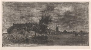 Landskap med hus og mølle på vannet Delftshaven (original tittel) av Philip Zilcken