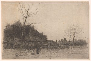 Gammel kvinne på et jorde nær en gård La Cabane