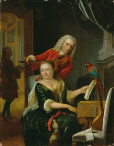 Portrett av en gentleman og hans kone som lager musikk i et interiør (olje på panel)