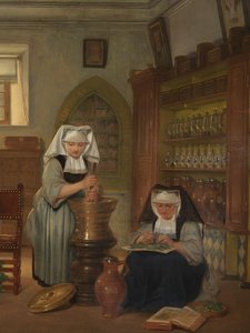 Detalj av apoteket ved Saint-John's Hospital (olje på panel)