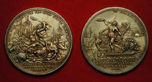 Medalje til minne om slaget ved La Hogue i 1692 (metall) (se også 144616) av Philipp Heinrich Mueller