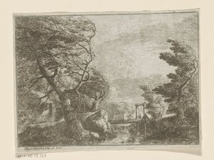 Stormfullt landskap med trær ved siden av en bro over en elv av Philipp Hieronymus Brinckmann