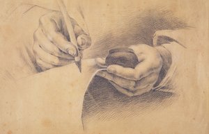 Drawing Hands, 1798 (svart kritt forhøyet med hvitt på brunt papir) av Philipp Otto Runge