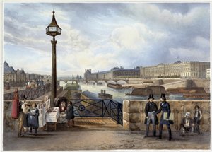 Louvre fanget fra Pont Neuf - i "" Promenade dans Paris et ses environs", designet av Jacottet og Benoist, ca. 1840 av Philippe Benoist