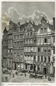 Gamle hus på rådhusplassen i Brussel. Gravering av Ph. Benoist, for å illustrere historien om Belgia av Camille Lemonnier, publisert i tour du monde, under ledelse av Edouard Charton (1807-1890), Paris av Philippe Benoist