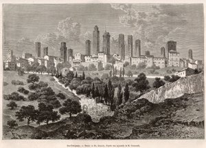 Utsikt over San Gimignano (Toscana, Italia). Gravering etter tegningen av Ph. Benoist, for å illustrere reisen til Toscana og Umbria, av Francis Wey, i 1875, publisert i "" Le tour du monde"" 1876, redigert av Edouard Charton, Hachette-utgaven, Paris. Selv