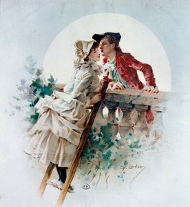 Ømt kyss Gallant Scene som representerer et par som kysser i måneskinnet. Litografi av Philippe Jacques Linder (1835-?) Privatsamling fra 1800-tallet