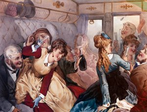 The Pleasure Train En gruppe borgerlige som drikker og underholder seg i en vogn. Litografi av Philippe Jacques Linder