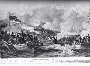 Landingen av britiske tropper i Egypt i 1801, illustrasjon fra 'Hutchinson's History of the Nations' av Philippe Jacques de Loutherbourg