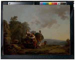 Reisende med hunder og tungt lastet muldyr ved en brønn av Philippe Jacques de Loutherbourg