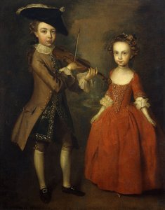 The Archbold Children: Et gruppeportrett av en liten gutt, i full lengde iført en beige frakk, mørkeblå gullbrodert vest, og trehjørninghatt og spiller fiolin, og søsteren hans, i full lengde, iført en rød kjole, med blomster i henne Hår, forbereder seg ti