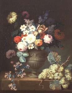 Stilleben av blomster i en klassisk vase med en klase med druer av Philippe Parpette
