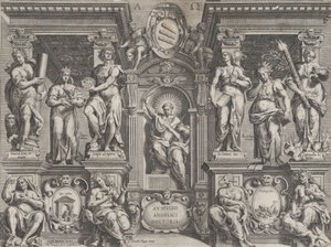Allegorisk avhandlingstrykk med forskjellige figurer, satt i en arkitektonisk struktur, 1608.