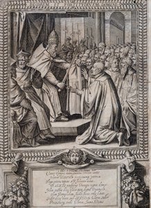 Board of Statutes of the Order of Malta "" Statuta Hospitalis Hervsalem"" (mykning av en ridder av en pave), av Philippe Thomassin, sent på 1500-tallet