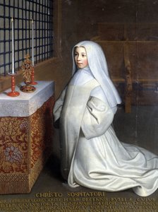Portrett av Marguerite Périer, innsatt i klosteret Port Royal des Champs (Port-Royal-des-Champs) og niese av Pascal ("" Til Kristus Frelseren: Marguerite Périer, en 10 år gammel jente hvis venstre øye ble helbredet i kontakt med den forfriskende torn”) - O av Philippe de (attr. to) Champaigne