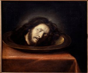Leder av Saint Jean Baptiste plassert på et flatt maleri av skolen til Philippe de Champaigne (1602-1674) fra 1600-tallet. Magny les Hameaux, Musee de Port Royal des Champs - Hodet til døperen Johannes plassert på et fat. Maleri av skolen til Philip av Philippe de (school of) Champaigne