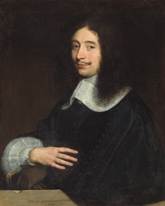 Portrett av en gentleman, tradisjonelt identifisert som Noël de Bullion, halvlang, i svart med blondekrage og erme, hanskene i venstre hånd, 1656 av Philippe de Champaigne