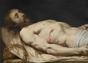 Den døde Kristus la seg ned på likkledet detalj fra midten til overkroppen, før 1654 olje på tre