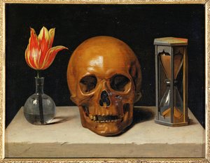 Vanitas, allegori om flyktig tid med hodeskalle og timeglass (olje på lerret) av Philippe de Champaigne