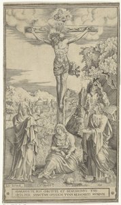 Kristus på korset flankert av Maria og Johannes av Philippe de Soye
