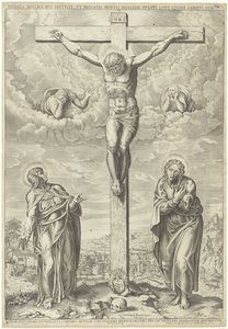 Kristus på korset flankert av Maria og Johannes i et landskap av Philippe de Soye