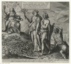 Allegori over boetedoening en berouw Boetedoening en berouw in het Oude Testament en het Nieuwe Testament (serietittel) Typvs Divine indvlgentiea aqz barmhjertighet, mot dem som av hele sitt hjerte overtrer vm penitenti tet og vender seg til dnm devm