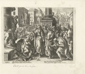 Paulus helbreder en krøpling i Lystra Apostlenes gjerninger (serietittel) Acta Apostolorum (serietittel) av Philips Galle (possibly)