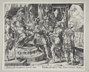 Achior trygler Holofernes for israelittene av Philips Galle