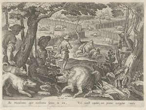 Drijfjacht op zwijnen Jachttaferelen (serietittel) Der alle typer jakt, fuglefangst og fiske (serietittel) av Philips Galle