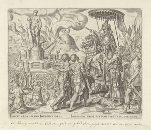 En rasende Nebukadnesar beordrer Shadrak, Mesjak og Abed-Nego å bringes til ham Historien om Shadrak, Mesach og Abednego (serietittel) av Philips Galle