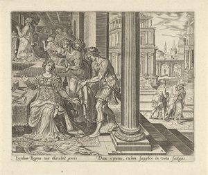 Ester hører fra tjenestepikene sine at Mordekai har på seg sørgeklær History of Esther (serietittel) av Philips Galle