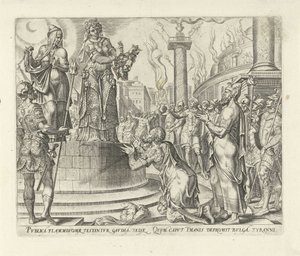 Judith viser hodet til Holofernes til folket Historie om Judit og Holofernes (serietittel) av Philips Galle