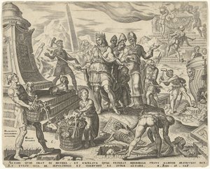 Kong Josiah lar offerstedet i Betel vanhelliges Historien om kong Josiah (serietittel) av Philips Galle