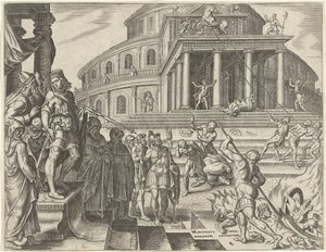 Kong Josiah får hestene og vognene fjernet til ære for solen Historien om kong Josiah (serietittel) av Philips Galle