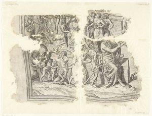 Nederste venstre hjørne av et trykk av scenen av Cebes Tabula Cebetis Carta Vitae (original tittel) av Philips Galle