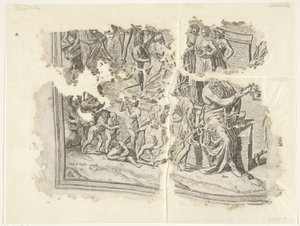 Nederste venstre hjørne av et trykk av scenen av Cebes Tabula Cebetis Carta Vitae (original tittel) av Philips Galle