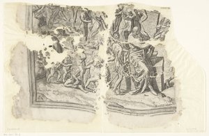 Nederste venstre hjørne av et trykk av scenen av Cebes Tabula Cebetis Carta Vitae (original tittel) av Philips Galle