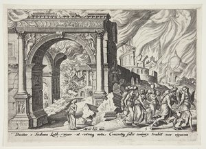 Lot og hans familie forlater det brennende Sodoma av Philips Galle