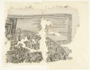 Øvre høyre hjørne av et trykk av scenen av Cebes Tabula Cebetis Carta Vitae (tittel på objekt) av Philips Galle