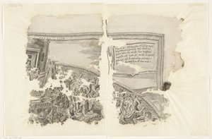 Øvre høyre hjørne av et trykk av scenen fra Cebes Tabula Cebetis Carta Vitae (tittel på objekt) av Philips Galle